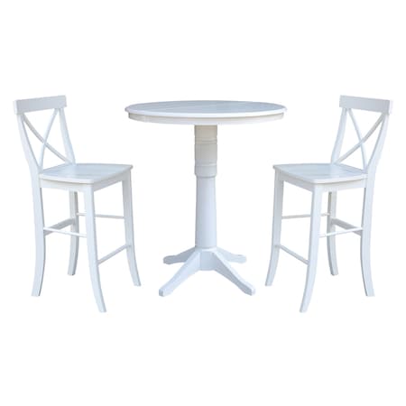 International Concepts Round 36 in Rd Extension Dining Table 40.9 inH, 2 X-Back Bar Height Stools, White, 36 W, 48 L, Wood K08-36RXT-27B-S6133